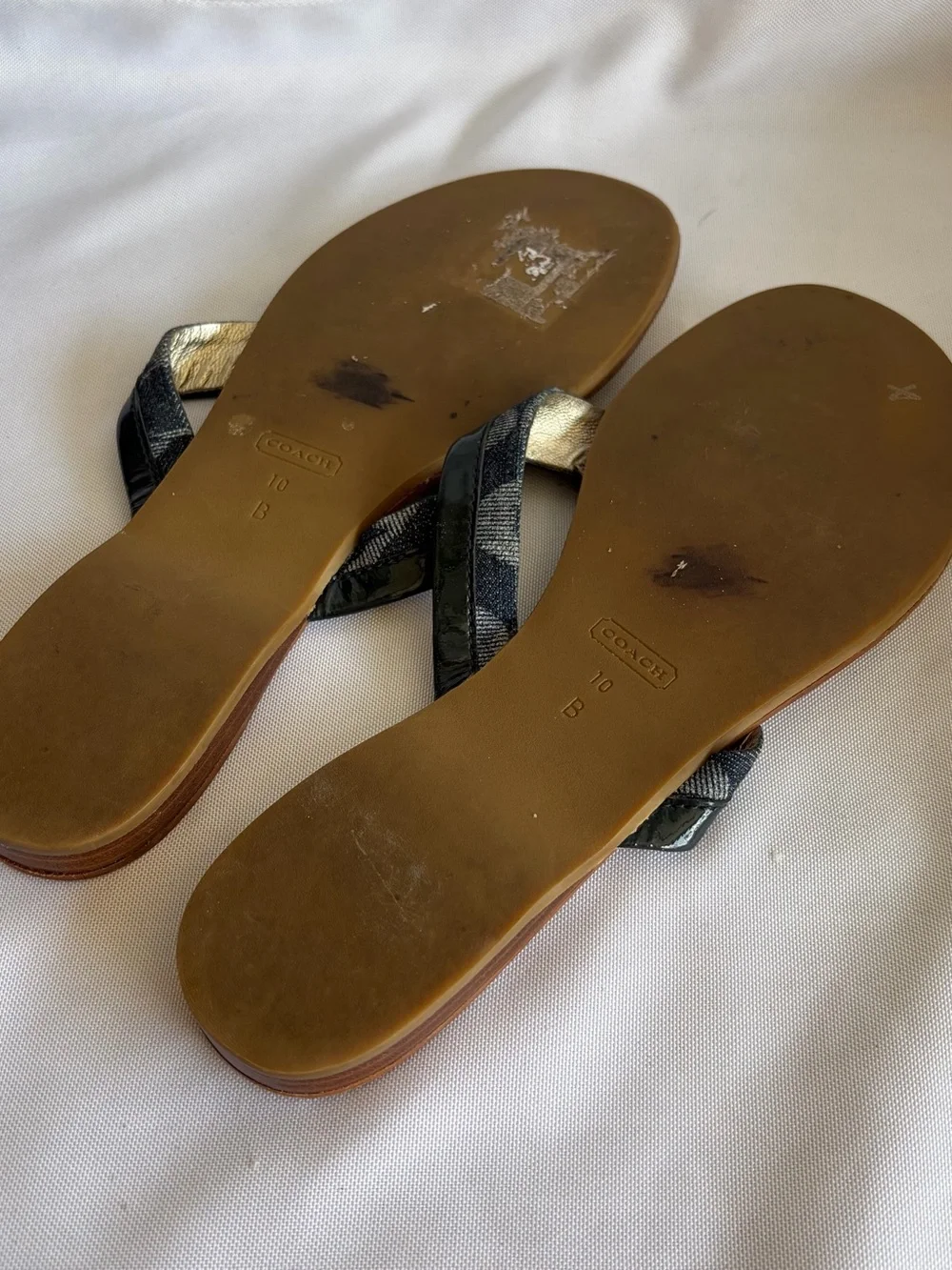 Coach Sydney Thong Sandals‎ Womens 10 Blue Tan Logo Pattern Leather Flat Sandal